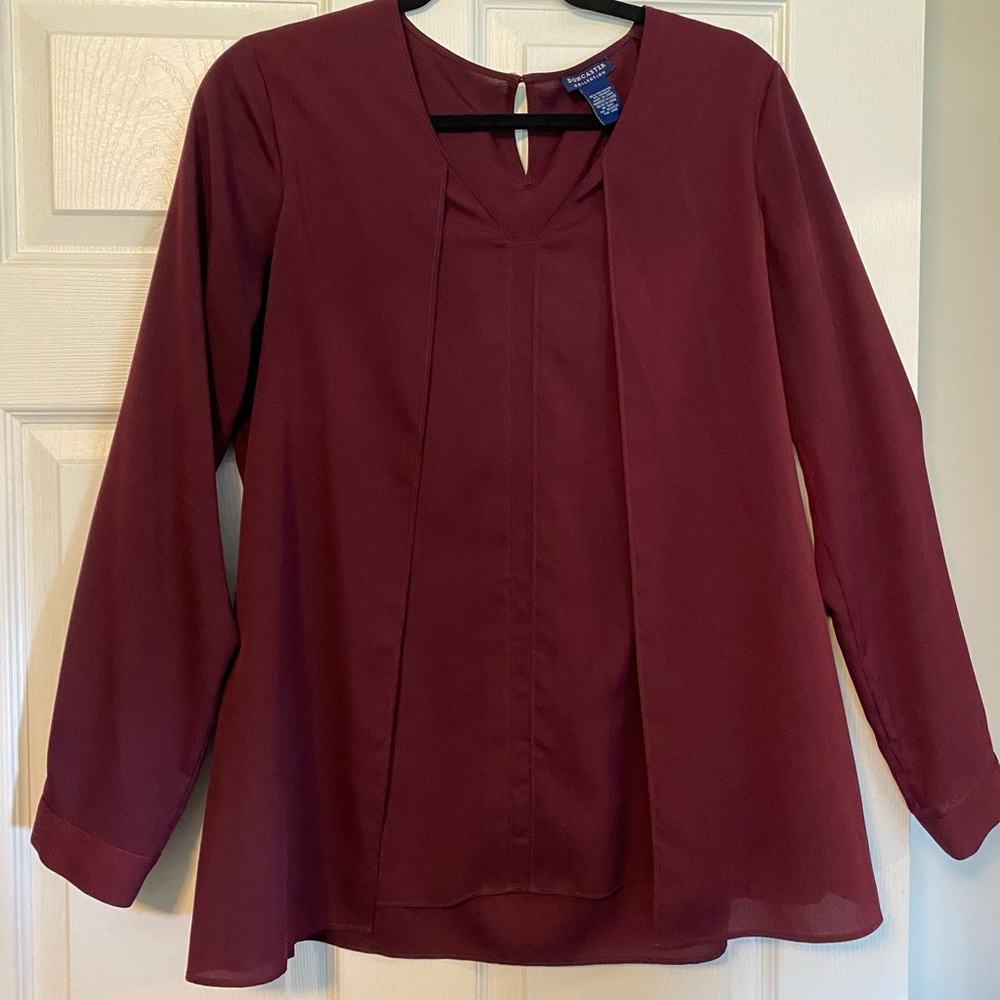 Doncaster Collection long-sleeve, pleated-front chiffon blouse in rich burgundy